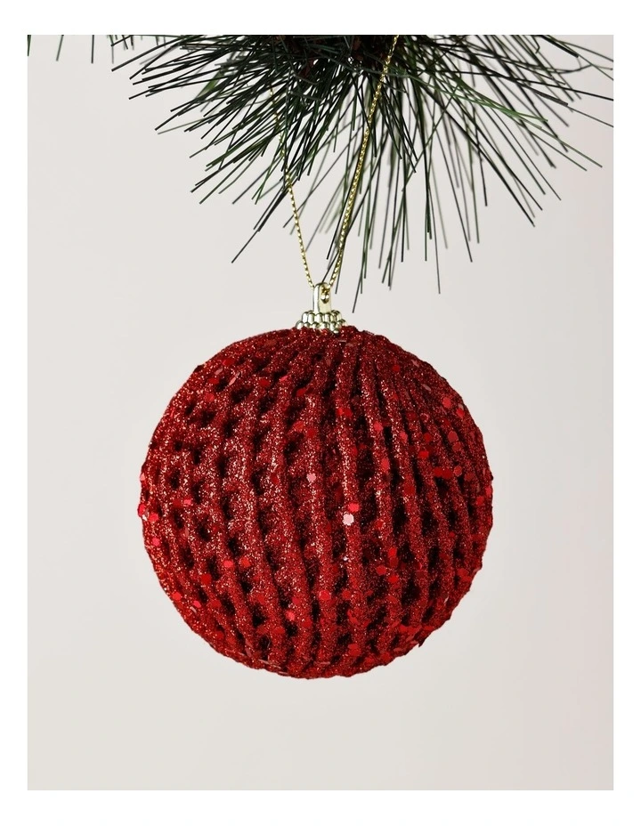 Heirloom Christmas Glittered Weave BaubleRed: 8cm image 1
