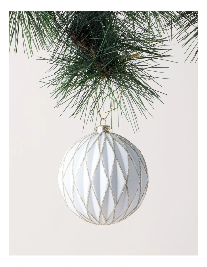 Luxe Christmas Plastic Embossed Diamond withGlitter BaubleWhite: 8cm image 1