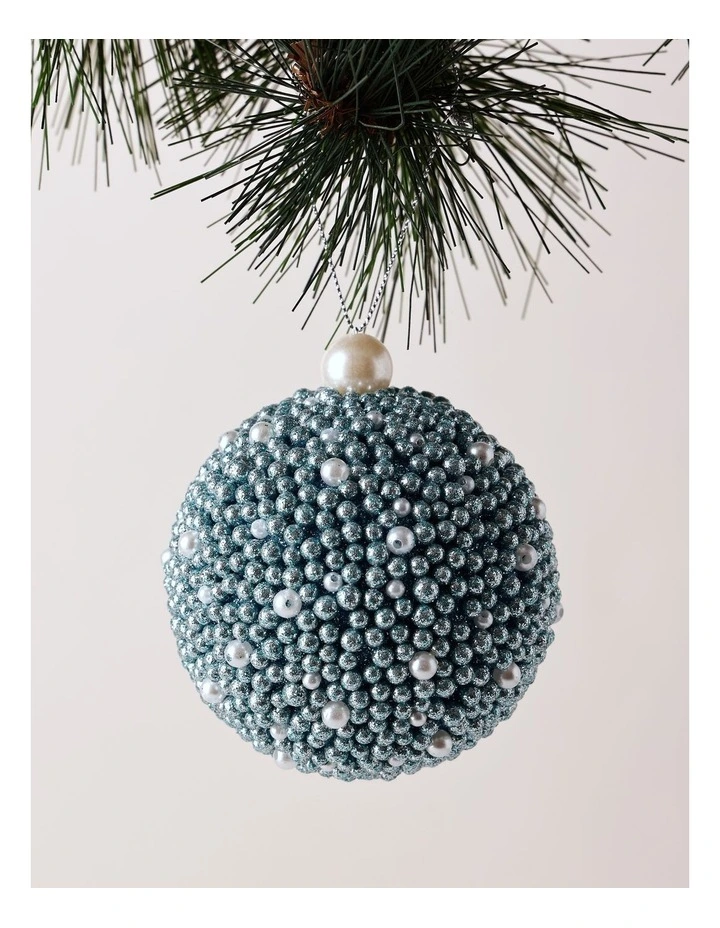 Luxe Christmas Plastic Glittered Bead Bauble Ornament 8cm in Pale Blue image 1