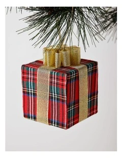 Heirloom Christmas Fabric Tartan Gift Box withBow Ornament in Red