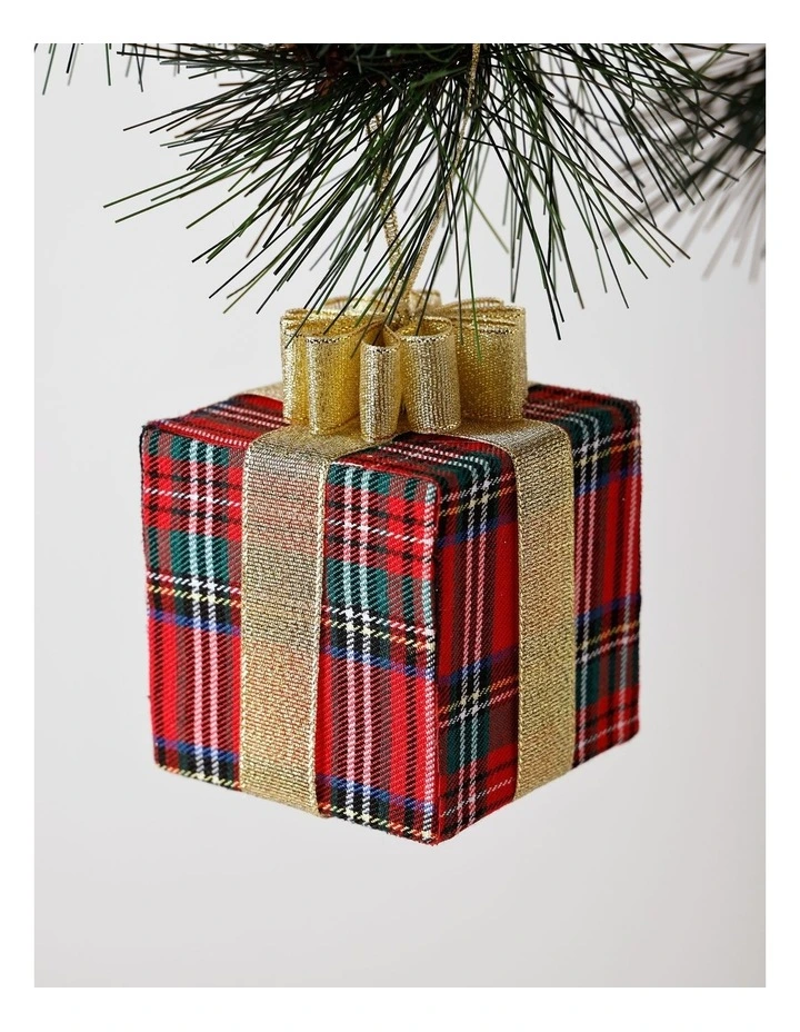 Heirloom Christmas Fabric Tartan Gift Box withBow Ornament in Red image 1