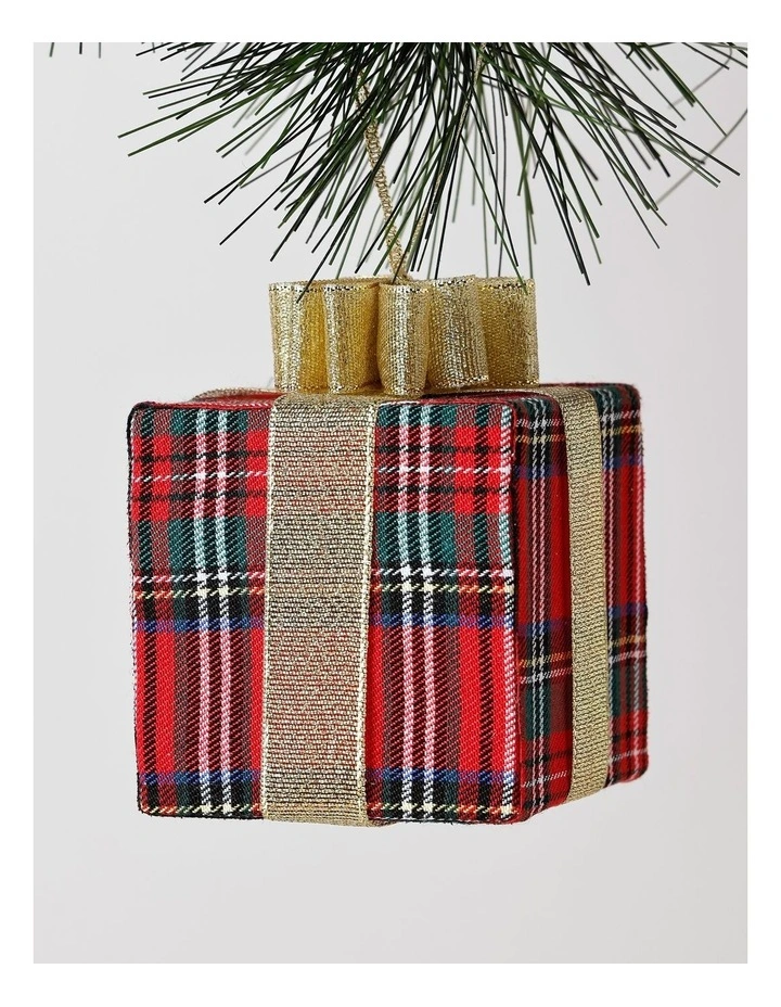 Heirloom Christmas Fabric Tartan Gift Box withBow Ornament in Red image 2