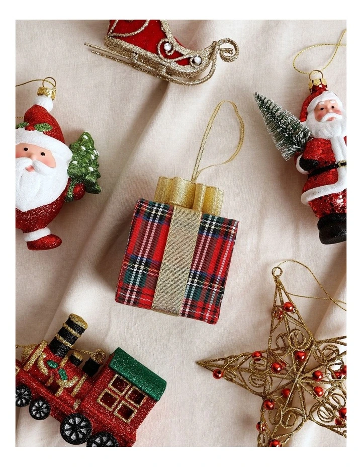 Heirloom Christmas Fabric Tartan Gift Box withBow Ornament in Red image 3