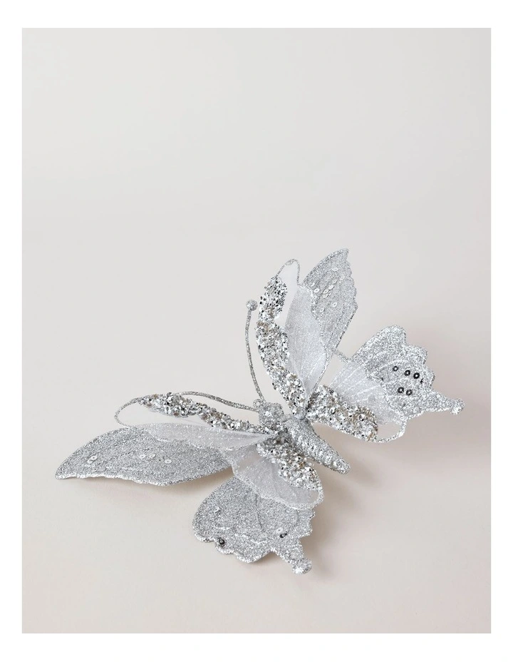 Luxe Christmas Glitter Butterfly Clip withLayered Sequin Wings in Silver image 2