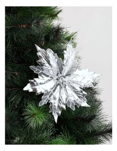 Luxe Christmas Fabric & Mesh Poinsettia Clip 23cm in Silver