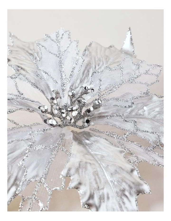 Luxe Christmas Fabric & Mesh Poinsettia Clip 23cm in Silver image 3