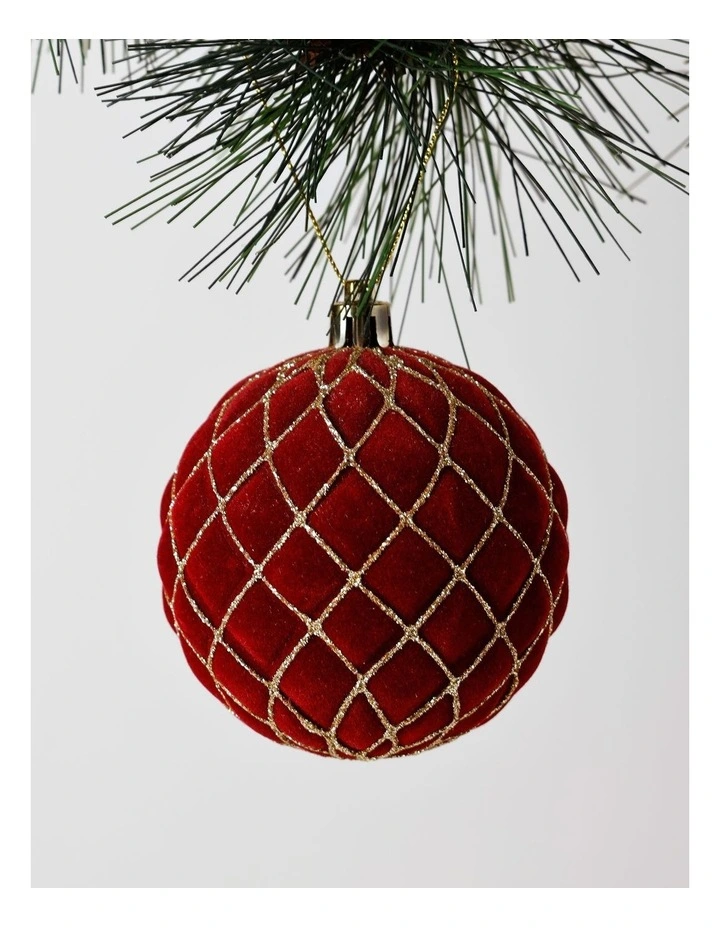 Heirloom Christmas Plastic Flocked Glitter Check Bauble 8cm in Red image 1