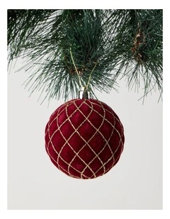 Heirloom Christmas Plastic Flocked Glitter Check Bauble 8cm in Red