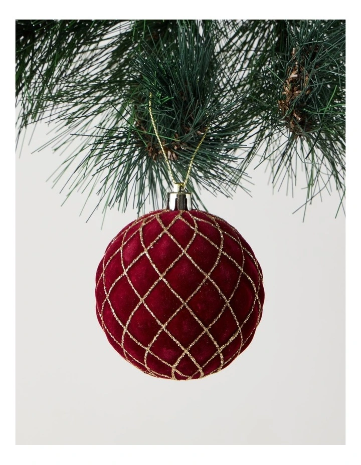 Heirloom Christmas Plastic Flocked Glitter Check Bauble 8cm in Red image 1
