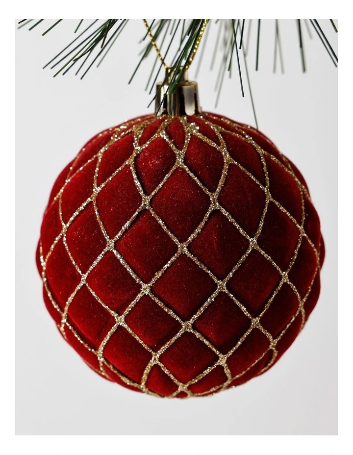 Heirloom Christmas Plastic Flocked Glitter Check Bauble 8cm in Red image 2