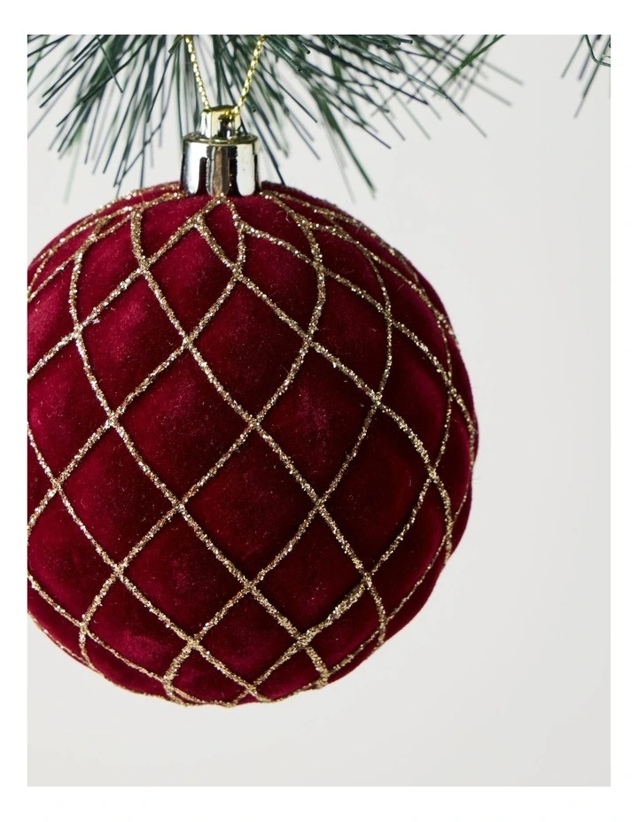 Heirloom Christmas Plastic Flocked Glitter Check Bauble 8cm in Red image 2