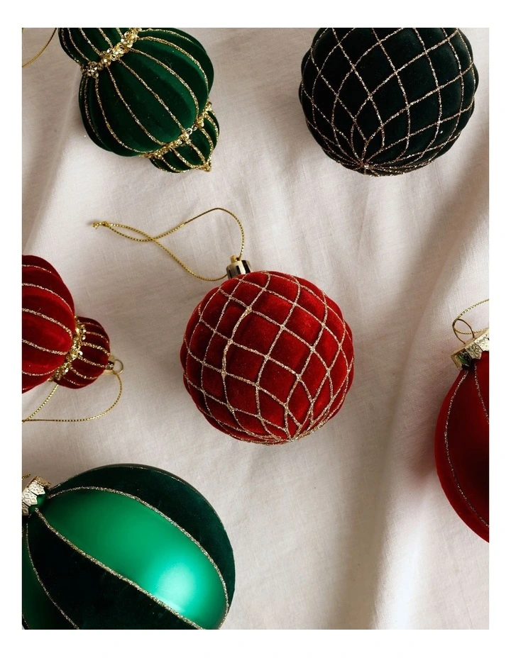 Heirloom Christmas Plastic Flocked Glitter Check Bauble 8cm in Red image 3