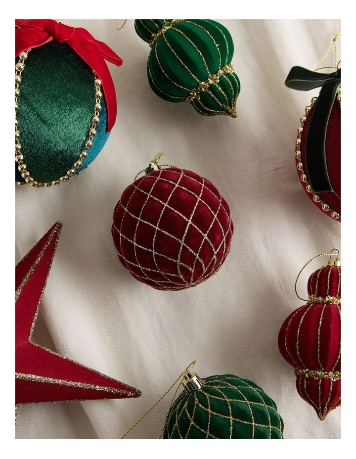 Heirloom Christmas Plastic Flocked Glitter Check Bauble 8cm in Red image 3