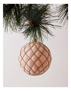 Luxe Christmas Plastic Flocked Glitter Check Bauble 8cm in Pink