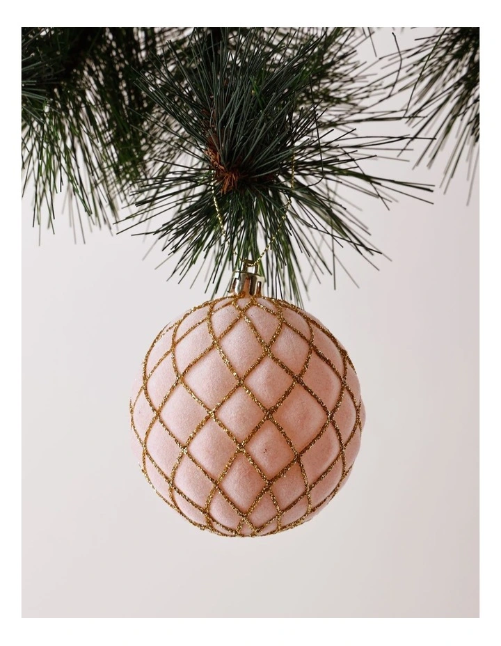 Luxe Christmas Plastic Flocked Glitter Check Bauble 8cm in Pink image 1