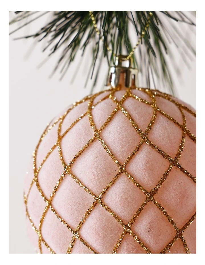 Luxe Christmas Plastic Flocked Glitter Check Bauble 8cm in Pink image 2
