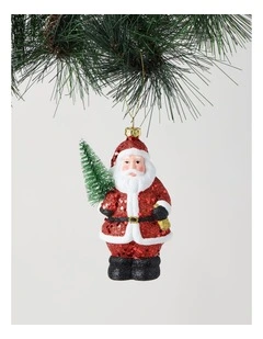Heirloom Plastic Santa Ornament with Christmas Tree 13cm in Red