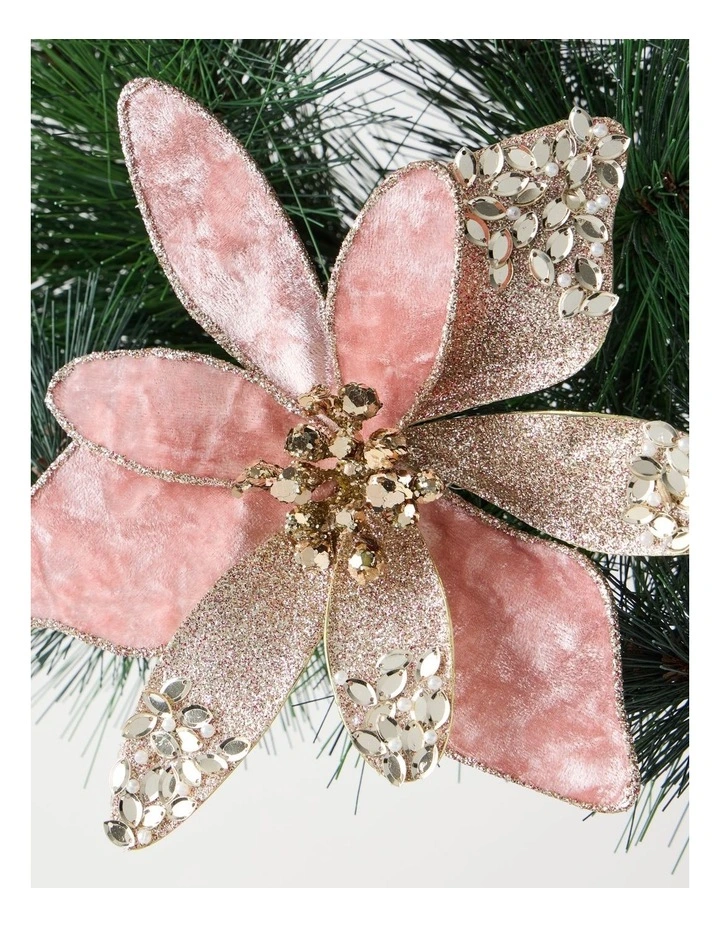 Luxe Christmas Velvet Embellished Poinsettia Clip 20cm in Pink image 2