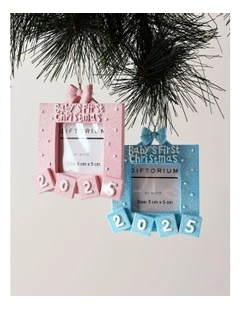 Candyland Assorted Resin 2025 Baby's First Christmas Photo Frame Ornaments 8cm in Pink/Blue