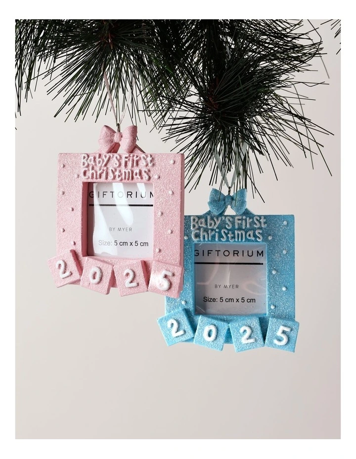 Candyland Assorted Resin 2025 Baby's First Christmas Photo Frame Ornaments 8cm in Pink/Blue image 1