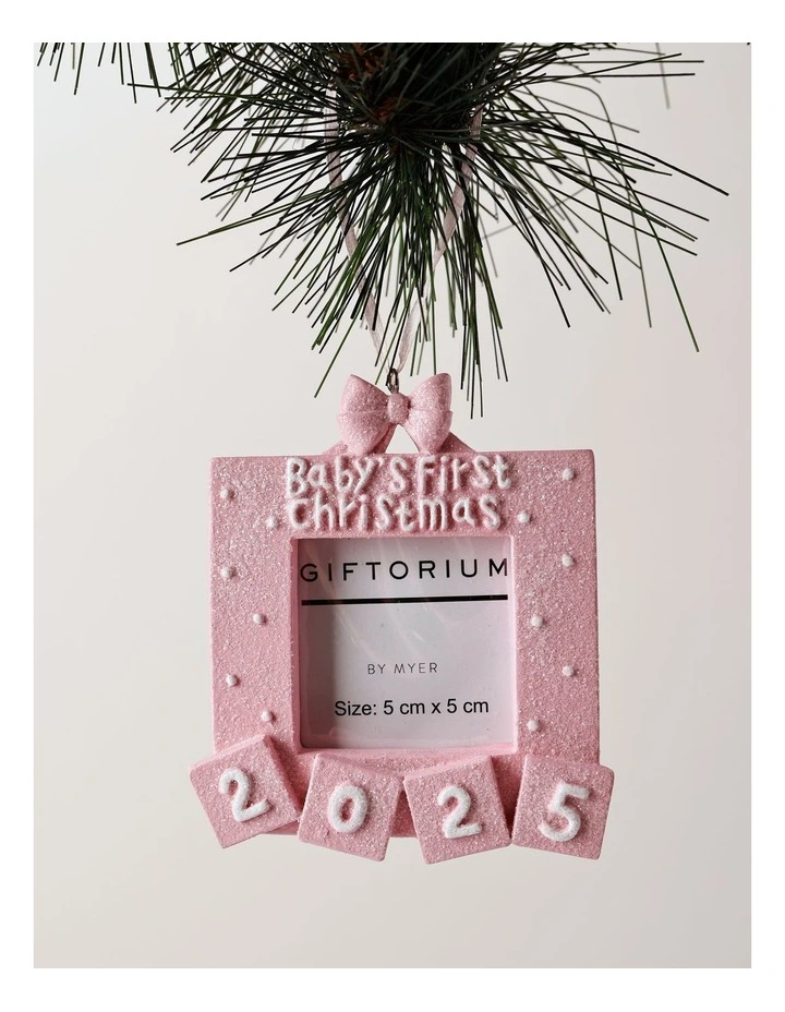 Candyland Assorted Resin 2025 Baby's First Christmas Photo Frame Ornaments 8cm in Pink/Blue image 3