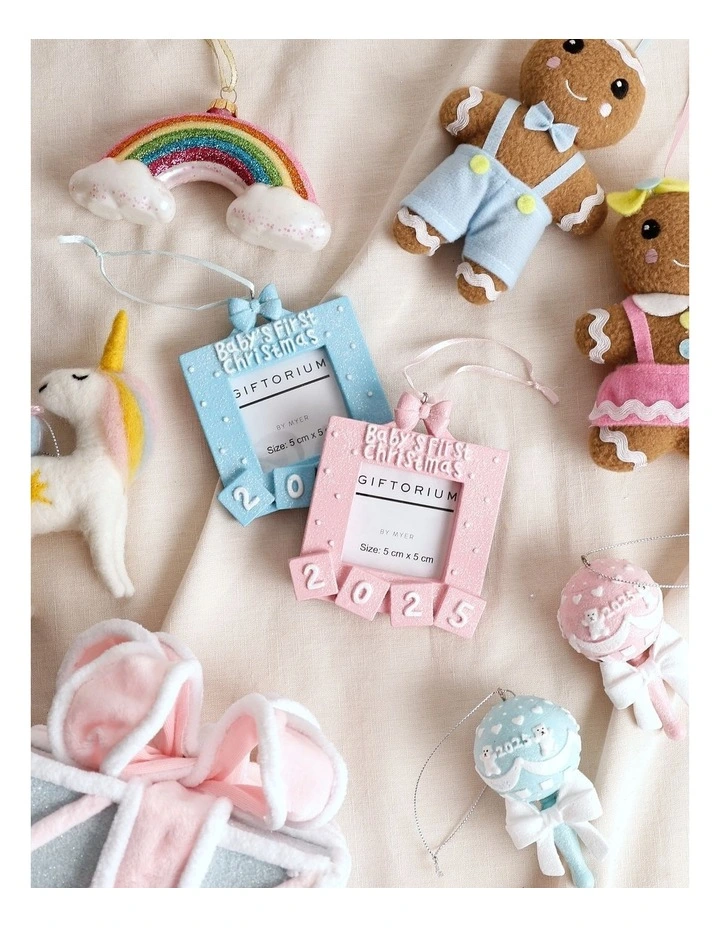 Candyland Assorted Resin 2025 Baby's First Christmas Photo Frame Ornaments 8cm in Pink/Blue image 4