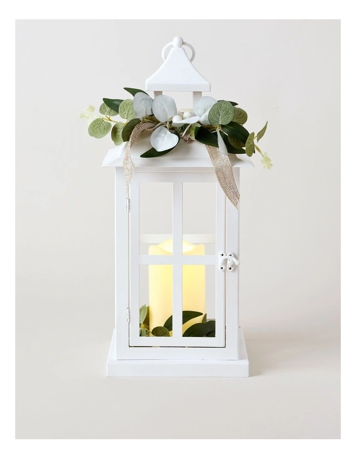 Eucalyptus Christmas Metal LED Lantern with Hessian Bow & Foliage 41cm in White image 1