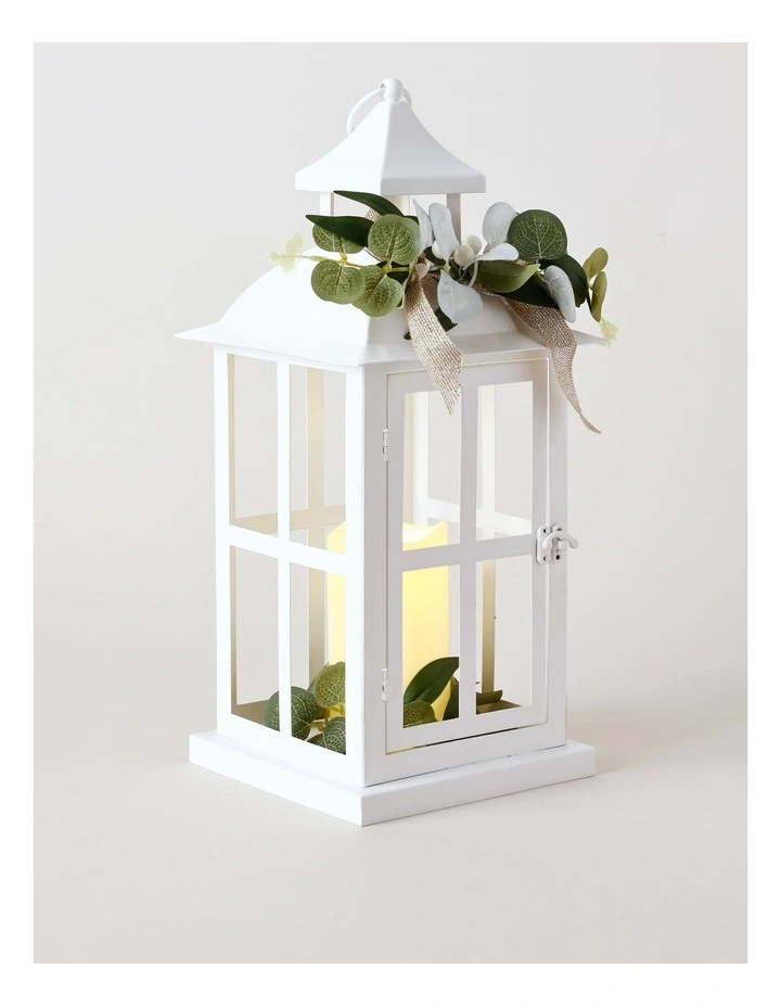 Eucalyptus Christmas Metal LED Lantern with Hessian Bow & Foliage 41cm in White image 2
