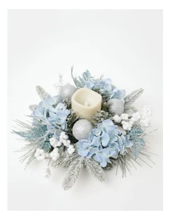 Luxe Christmas Flocked Hydrangea, Fern & Baubles Hurricane 10cm in Blue/Silver