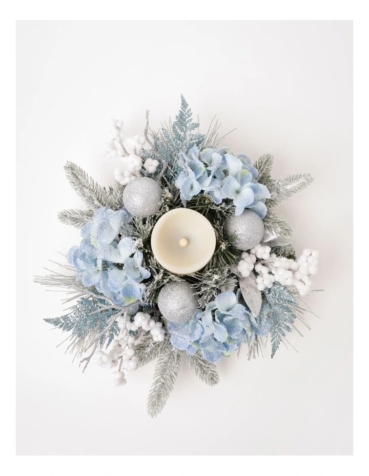 Luxe Christmas Flocked Hydrangea, Fern & Baubles Hurricane 10cm in Blue/Silver image 2