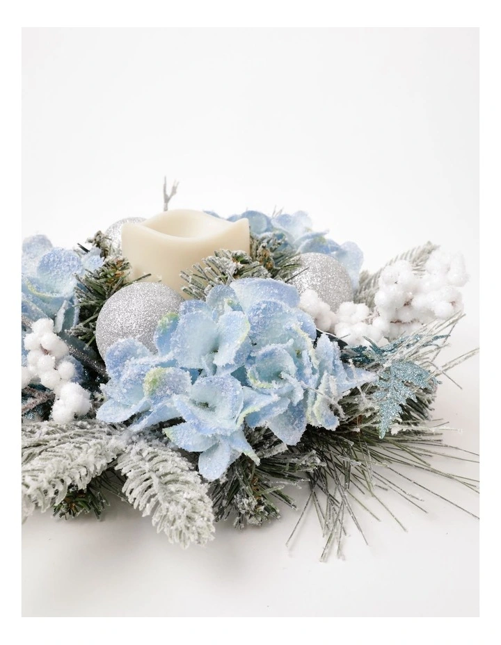 Luxe Christmas Flocked Hydrangea, Fern & Baubles Hurricane 10cm in Blue/Silver image 3
