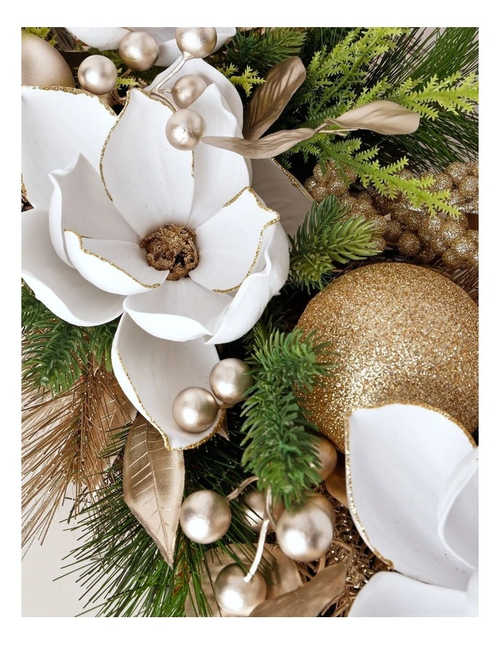 Luxe Christmas Magnolia, Leaves & Bauble Swag 60cm in Champagne image 2