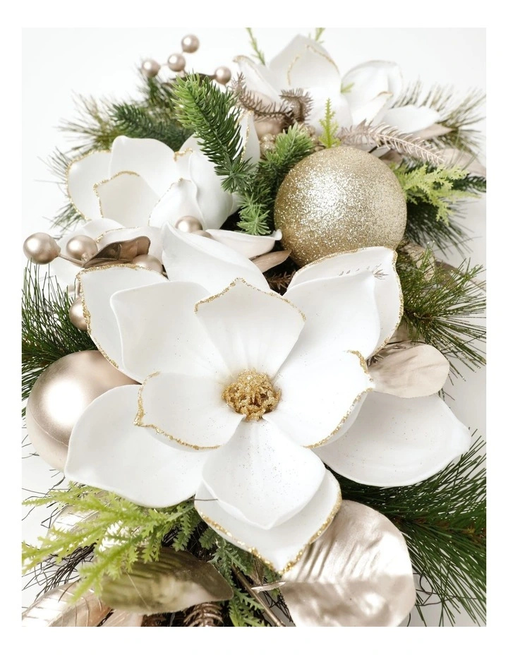 Luxe Christmas Magnolia, Leaves & Bauble Swag 60cm in Champagne image 3