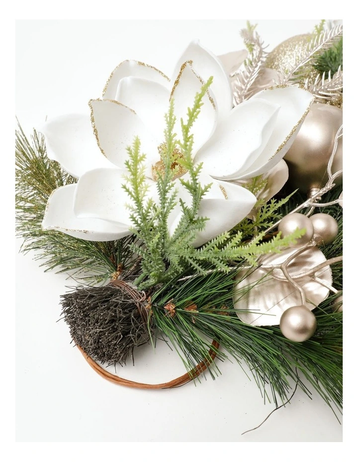 Luxe Christmas Magnolia, Leaves & Bauble Swag 60cm in Champagne image 4