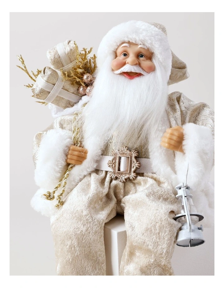 Luxe Christmas Faux Fur Sitting Santa with Lantern 30cm in Champagne image 2