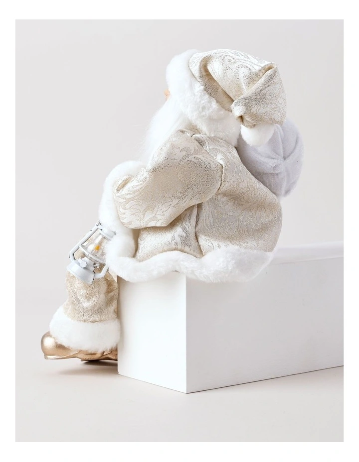 Luxe Christmas Faux Fur Sitting Santa with Lantern 30cm in Champagne image 3