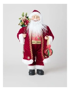 Heirloom Christmas Joseph Poinsettia Fabric Santa with Sack 46cm in Red
