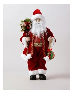 Heirloom Christmas Joseph Poinsettia Fabric Santa with Sack 46cm in Red