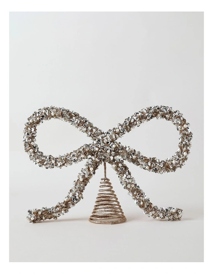 Luxe Christmas Plastic Bow Topper 23cm in Gold/Silver image 1