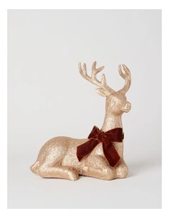 Harvest Christmas Glittered Sitting Reindeer with Brown Bow 31cm in Brown