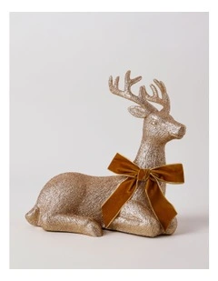 Harvest Christmas Glittered Sitting Reindeer with Brown Bow 31cm in Brown