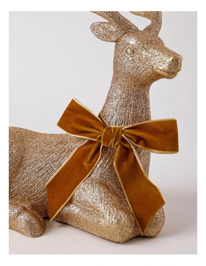 Harvest Christmas Glittered Sitting Reindeer with Brown Bow 31cm in Brown image 2