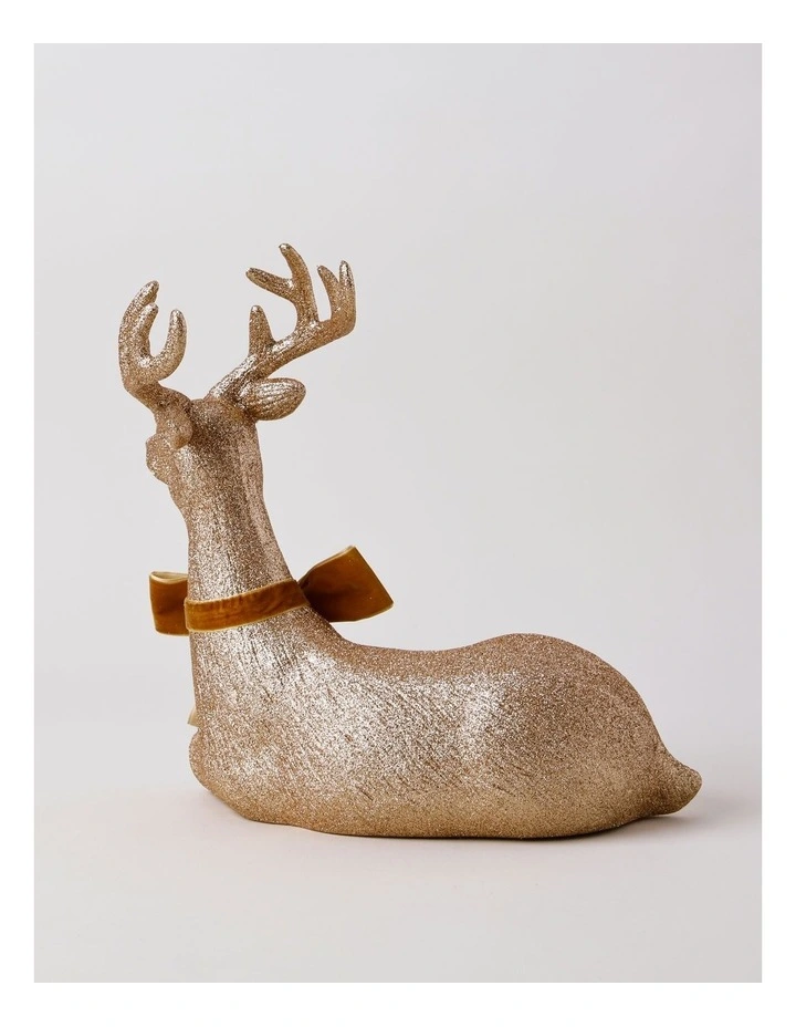 Harvest Christmas Glittered Sitting Reindeer with Brown Bow 31cm in Brown image 5