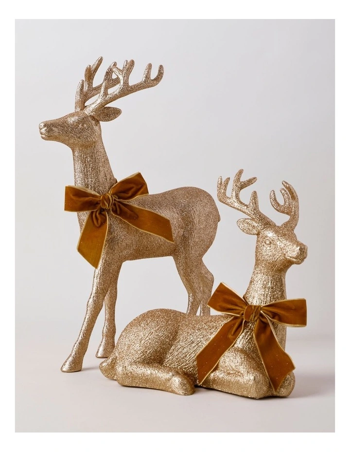 Harvest Christmas Glittered Sitting Reindeer with Brown Bow 31cm in Brown image 6