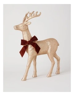 Harvest Christmas Glittered Standing Reindeer with Brown Bow 46cm in Brown