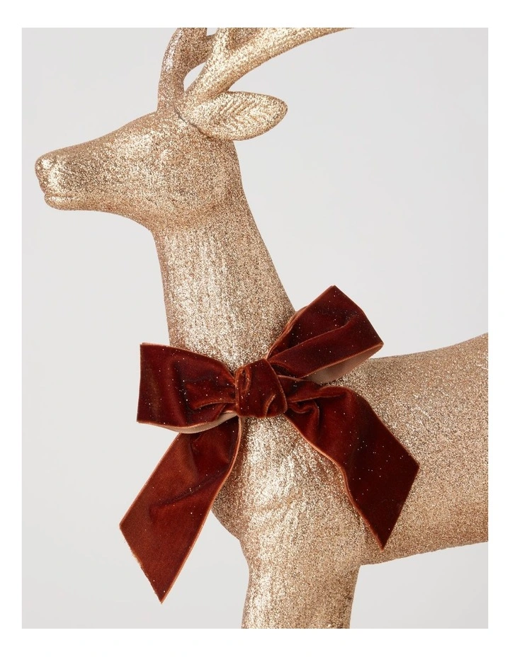 Harvest Christmas Glittered Standing Reindeer with Brown Bow 46cm in Brown image 2