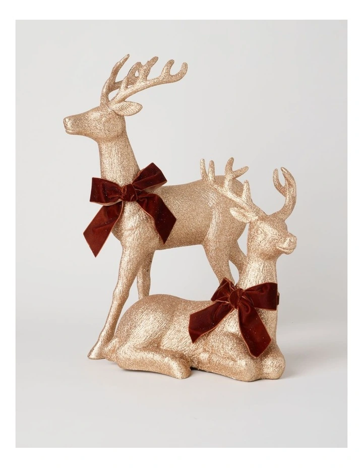 Harvest Christmas Glittered Standing Reindeer with Brown Bow 46cm in Brown image 3