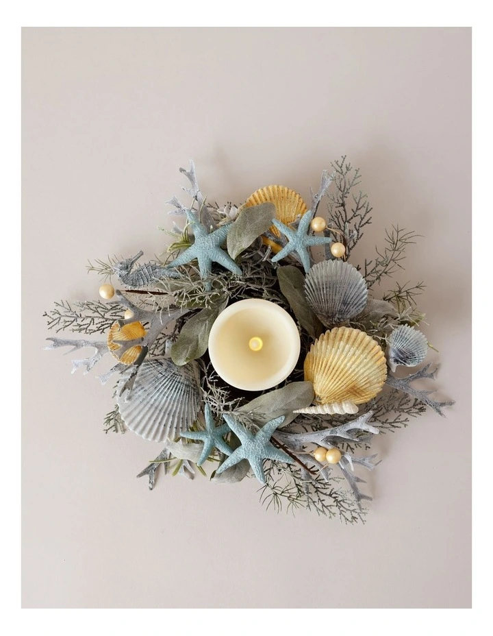 Eucalyptus Christmas Coastal Seashell & Starfish Hurricane 30cm in Green/Blue image 2