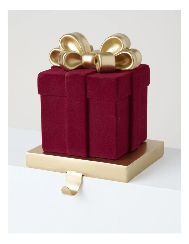 Heirloom Resin Present Stocking Holder with Bow in Red and Gold: 15cm image 1