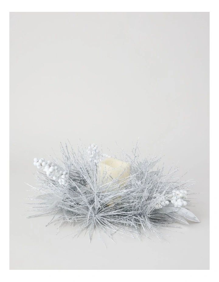 Luxe Glittered Pine, Faux Berry and Pinecone Hurricane in White: 11cm image 1
